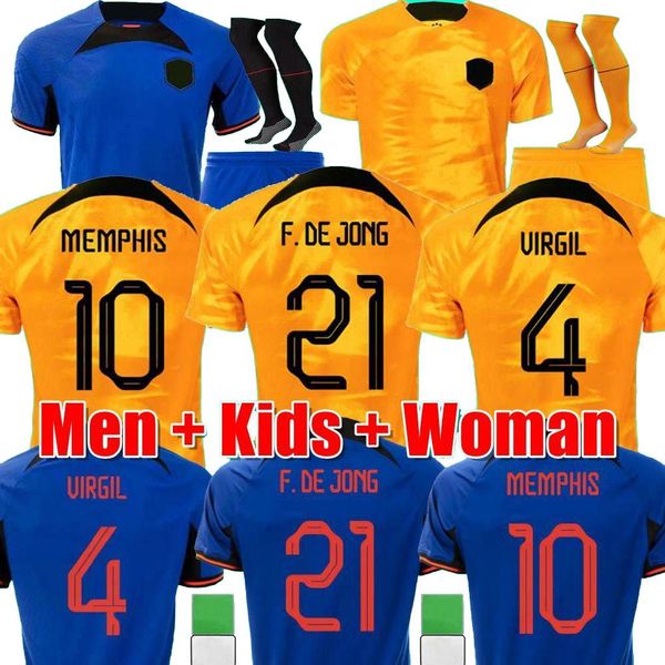 

2022 netherlands memphis soccer jersey 22 23 de jong holland de ligt wijnaldum van dijk men kids kit sets dumfries football shirt, Black;yellow