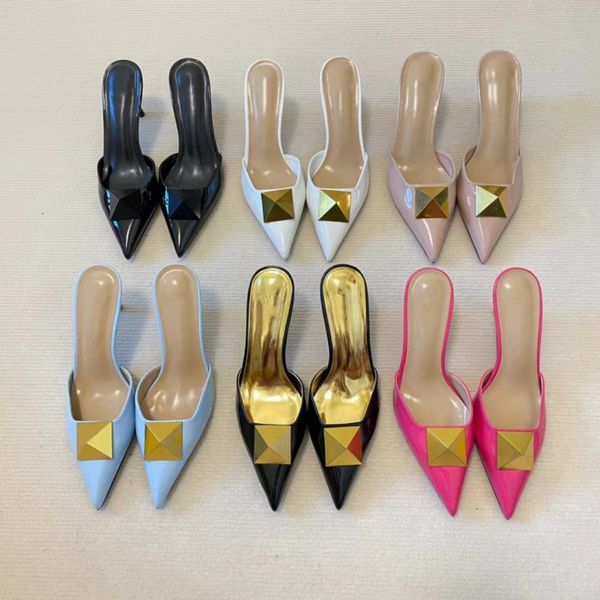 

new fashion slippers luxury designer sandals leather riveted high heel shoes outdoor non slip pointed half trust letter jelly banquet 36-42, Black