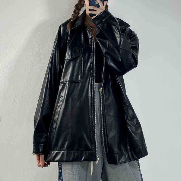 

streetwear women moto biker zipper jacket high street harajuku y2k leather jacket casual loose korean women winter jacket j220727, Black