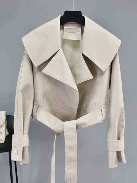 

fmfssom 2022 spring turn down collar soft faux leather jacket women sharpening casual fu jacket beige autumn windproof outfit j220727, Black
