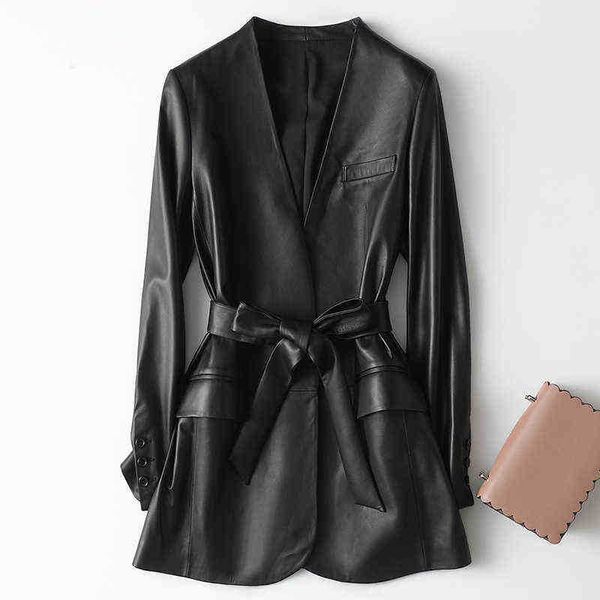 

nerazzurri autumn black soft light faux leather jackets for women 2022 deep v neck belt elegant luxury korean fashion 6xl 7xl j220727