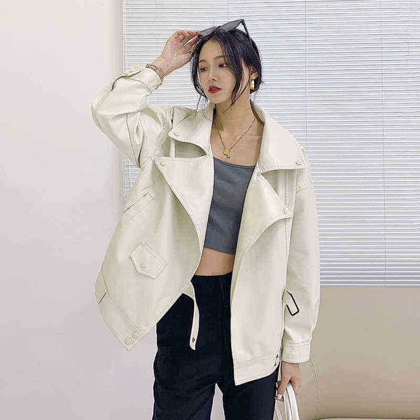 

pu leather short jacket women 2022 new spring autumn casual female loose streetwear jacket moto bike soft faux leather outfit j220727, Black