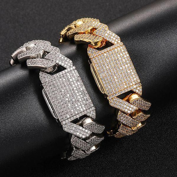 

25mm 7/8/9inch mens new trendy hiphop jewelry gold plated bling cz stone bracelet for men link bracelets, Black