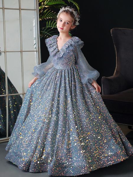 

toddler flower girls' dresses long floral beaded sequined lace appliques luxury cocktail party pageant gowns mini daughter prom dress, White;blue