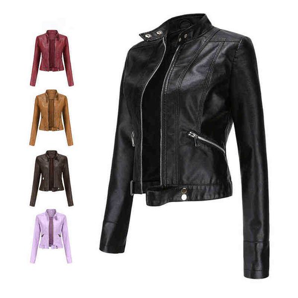 

jackets women winter jackets female clothing 2022 new autumn fashion long sleeves leather outfit motor biker with pocket j220727, Black