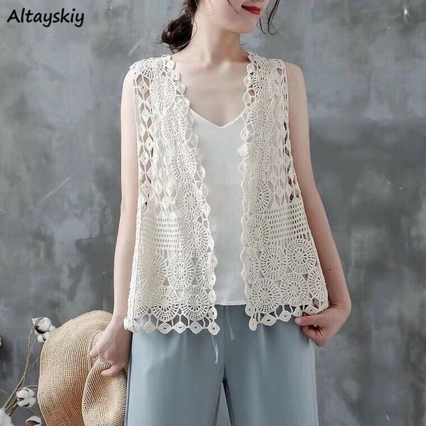 

women's vests women summer solid vintage ulzzang hollow out classic cropped knit vest retro open stitch korean style artistic trendy 22, Black;white