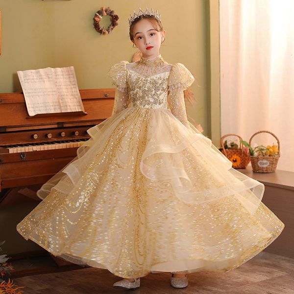 

luxury gold bling sequin girls pageant dresses fluffy off the shoulder ruched flower girl dress ball gowns birthday party dresses for baby, White;blue
