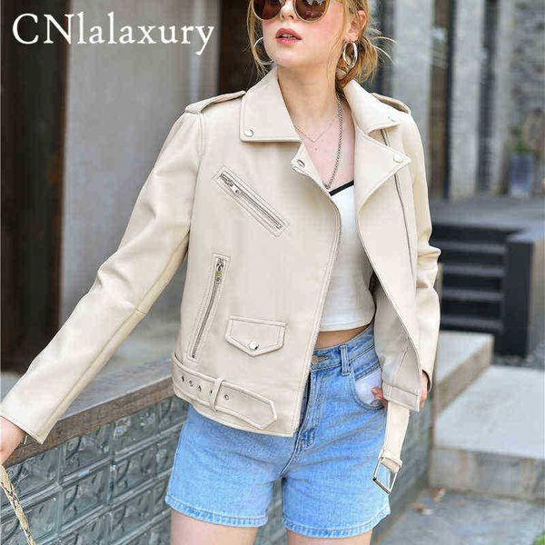 

2022 new spring autumn women blue faux leather jacket ladies solid with belt zipper biker jacket female casual outfit vest femme j220727, Black