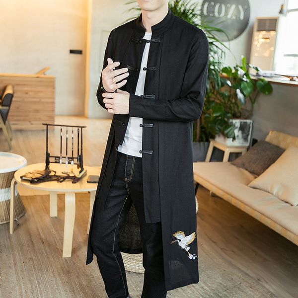 

men's jackets men's linen embroidery crane coat kimono vintage long gown jacket chinese style loose male national streetwear 22101, Black;brown