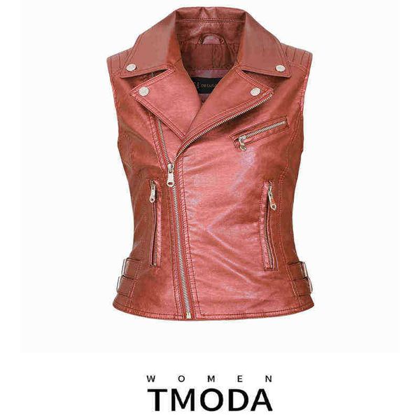 

tmoda951 2022 women pu faux leather sleeveless red jackets ladies turndown collar zipper vest pockets vest streetwear j220727, Black