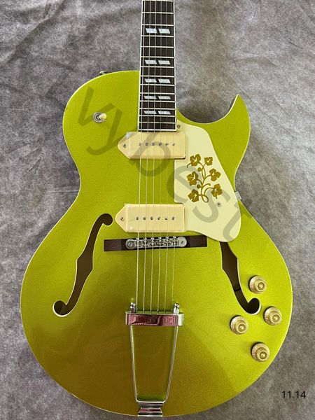 

lvycan be customized electric guitar hollow body jazz metalic yellow green color long tail p90 dog ear pickup cream pickgua