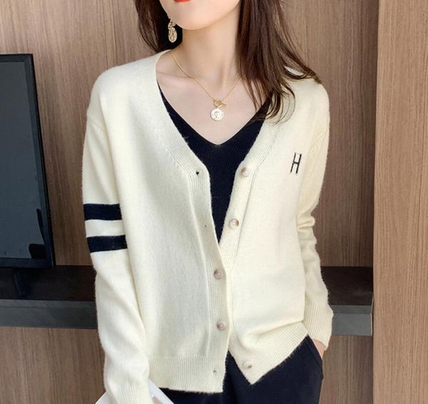 

women sweaters embroidered h cashmere cardigan women's loose and lazy v-neck sweater jacket, White;black