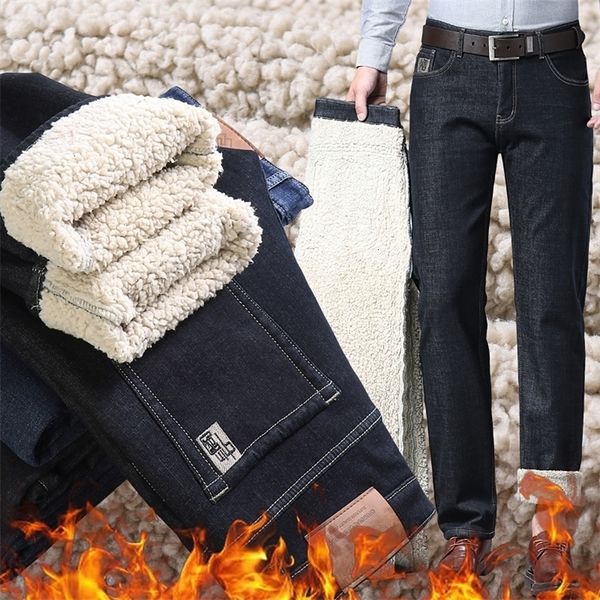 

mens jeans winter warm business fashion classic style black blue denim straight fleece thick pants male brand trouser 221113