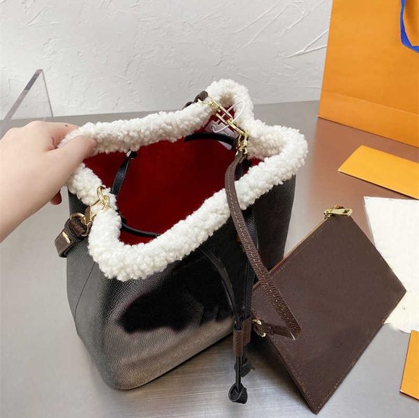 

bucket lamb wool trim design bag womens black brown leathe with printing bags drawstring handbag lady shopping pocket