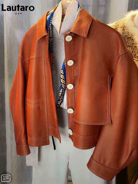 

lautaro spring autumn short orange black loose soft faux leather jacket women buttons runway luxury designer clothing fashion j220727