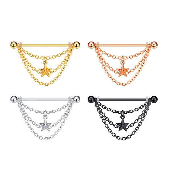 

industrial barbell earrings piercing three layers chain cartilage long ear stud helix surgical steel bar punk body jewelry, Slivery;golden