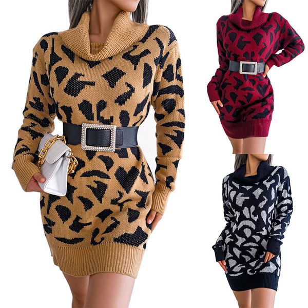 

new womens designer dresses high collar leopard print long sleeve sweater dress european and american street style skims clothing for woman, Black;gray