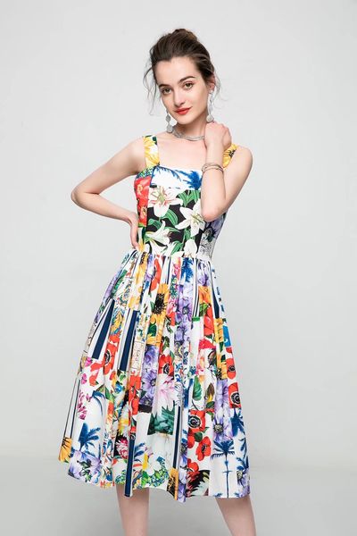 

dresses european and american runway show spring and summer new floral print temperament shows thin straight neck halter dress for women, Black