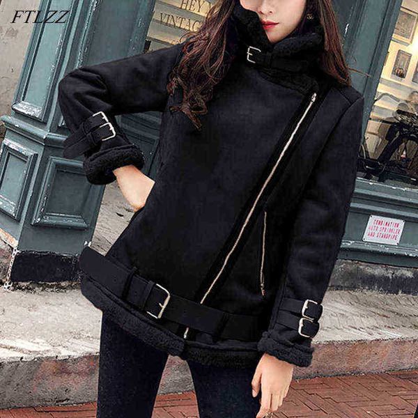 

ftlzz new autumn winter women faux suede leather short jacket with belt streetwear moto biker female thick warm jacket outrunner j220727, Black