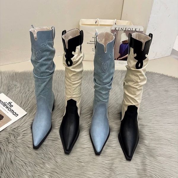 

boots fashion denim western women knee high wedges heel cowboy slip on autumn winter woman shoes 221114, Black