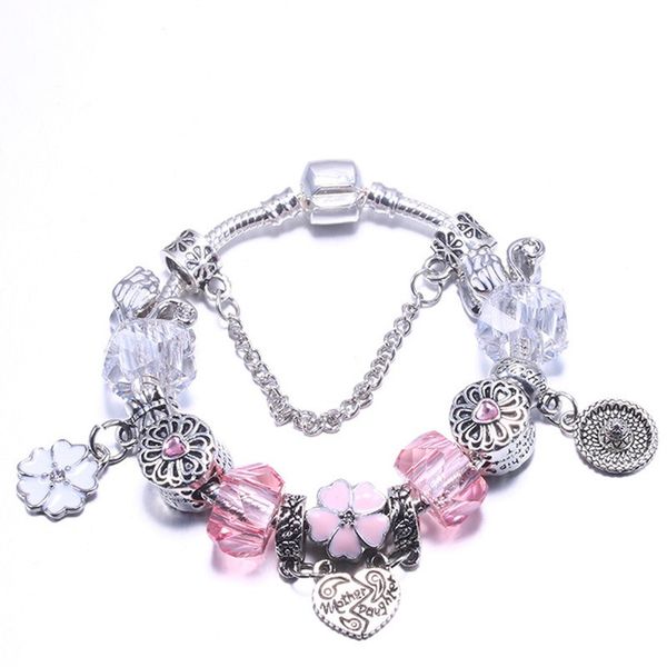 

925 sterling silver pink clear crystal beads charm cherry blossom bracelet snake chain fit pandora european bracelet jewelry making bangle d, Golden;silver