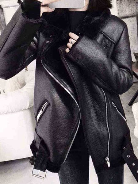 

ailegogo 2022 winter jackets women thick faux leather fur sheepskin coat fur leather jacket aviator jacket casaco feminino j220727, Black