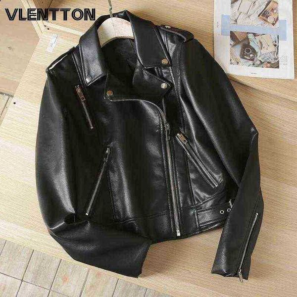 

2022 spring autumn women black faux leather jacket casual zipper with belt biker jacket female casual solid short outlet j220727