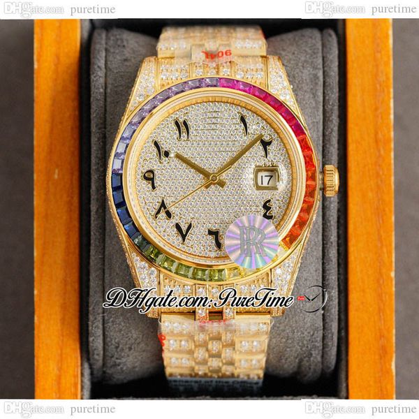 

rf 41mm 126334 eta a2824 automatic mens watch rainbow bezel 18k yg paved diamond dial black arabic script fully iced out 904l stainless stee, Slivery;brown