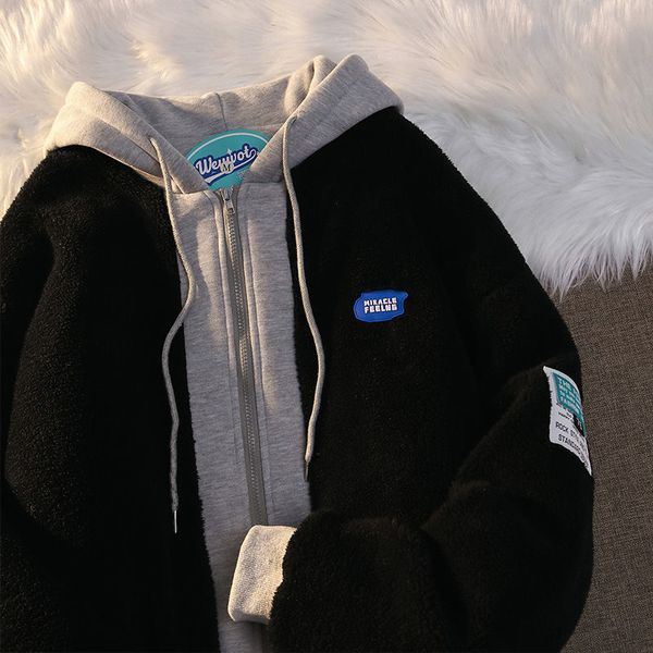 

qnpqyx winter hooded jacket women hip hop lamb wool padded hodies couple sweater fashion fake piece velvet thick coat y2k clothes, Black;brown