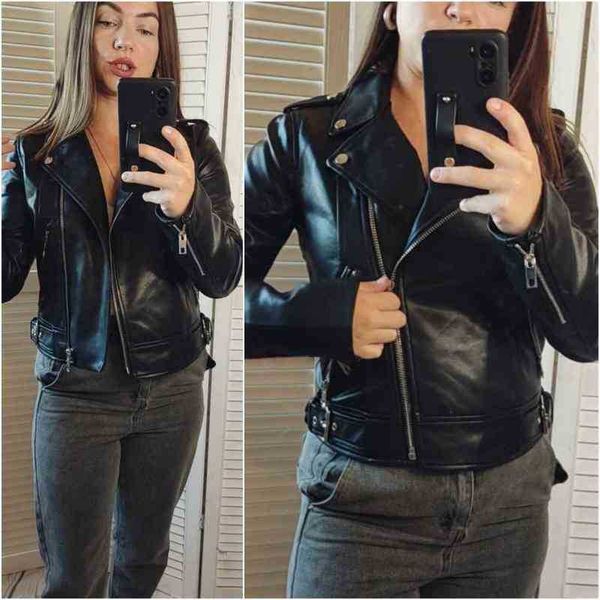 

2022 new autumn winter women black faux leather jacket fashion solid zipper biker jacket female j220727