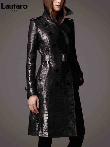 

lautaro autumn long black crocodile pattern leather trench coat for women long sleeve belt double breasted british style fashion j220727