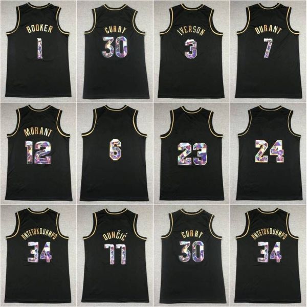 

diamond black gold basketball jersey devin booker allen iverson kevin durant ja morant stephen curry antetokounmpo luka doncic shirt, Black;red