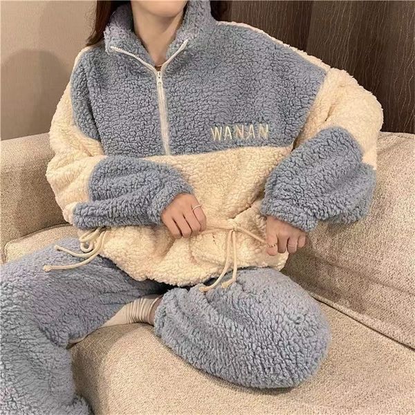 

womens jumpsuits rompers pajamas sets women coral fleece winter thick warm flannel 2piece set pyjamas suit casual nightwear home clothes sof, Black;white