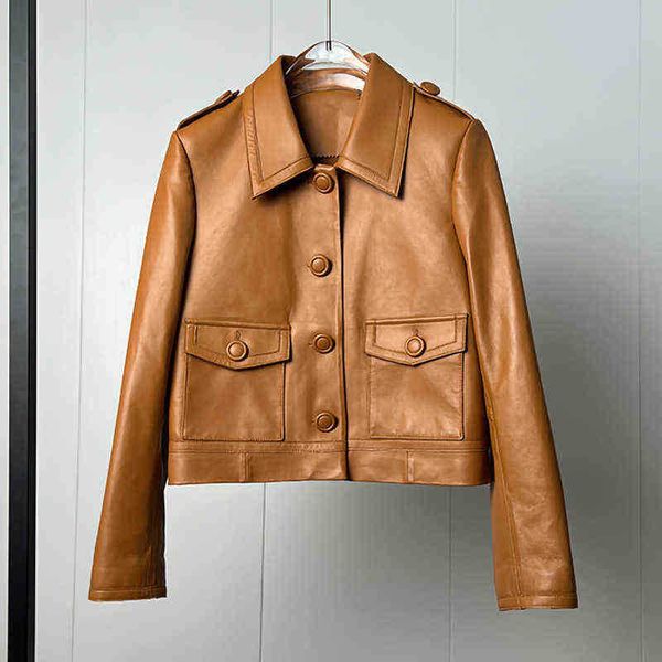 

women classic leather jackets fashion turn down collar full sleeve biker jackets real sheepskin jackets cl4017 j220727, Black
