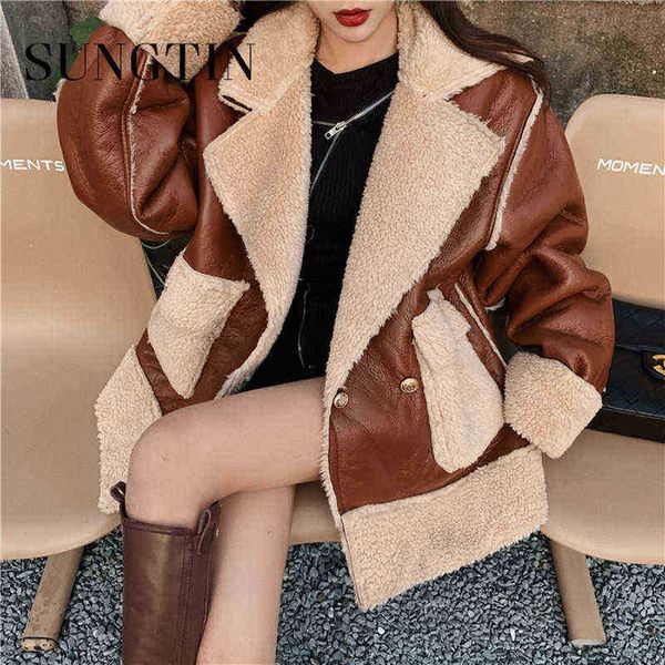 

sungtin winter fashion faux leather fur jackets coat women lambs wool thicker oversized coat female korea lapel casual outfit j220727, Black