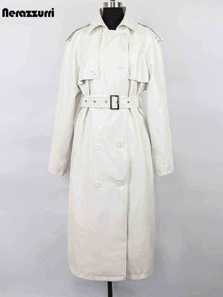 

nerazzurri spring autumn long oversized white faux leather trench coat for women raglan sleeves belt loose black raincoat 2022 j220727