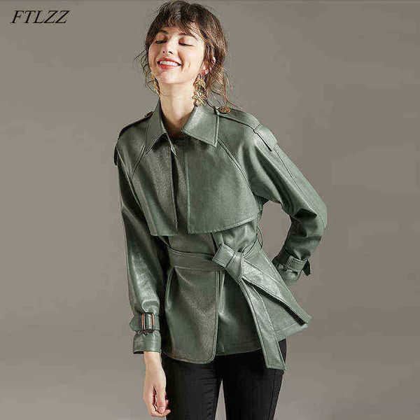 

ftlzz 2022 spring autumn lapel faux leather jacket women green pu jacket simplicity loose jackets office lady runaway with belt j220727, Black