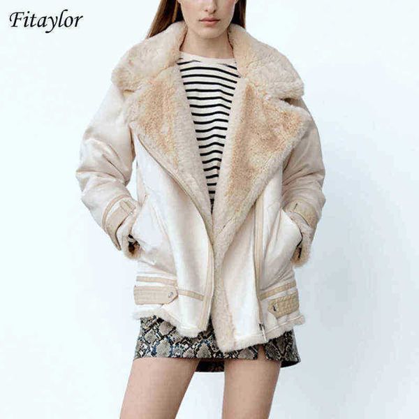 

fitaylor winter lamb wool faux leather fur jacket women sxl lapel snow coat snow warm thickening outfit with belt j220727, Black