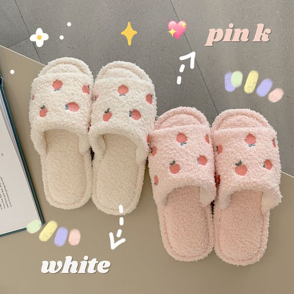 

slippers cute cartoon peach plush women winter home warm furry footwear fashion autumn house slides female flip flops 221115, Black
