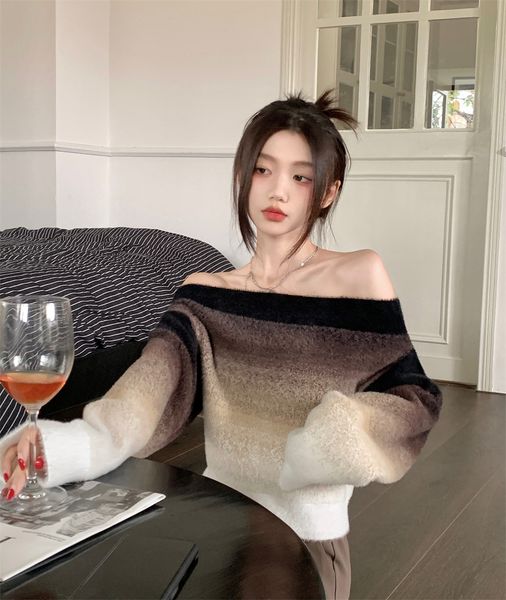 

fashion women's sweater french style design sense brown beige off shoulder loose sleeve beautiful winter color knit wear soft pullover, White;black