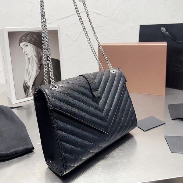 

5A Crossbody Messenger Bag Luxury Designer Brand Chains Bags Fashion Shoulder Handbag Lady Women Phone Postman Wallet Metallic Tote Cowhide Caviar silver gold 24cm, With gift box