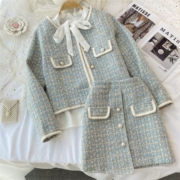 

two piece dress autumn 2 pieces set elegant fashion vintage plaid tweed long sleeve jackets coat irregular aline mini skirts suit 221115, White