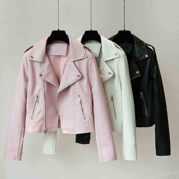 

women pink leather jacket new 2020 spring autumn long sleeves turn down collar zipper short faux leather jacket ladies pu spout j220727, Black