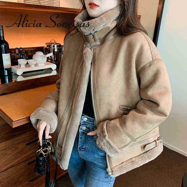 

2021 winter autumn women thick faux sheepskin thick lamb fur leather warm motorcycle jacket solid zipper pocket hipster jacket j220727, Black
