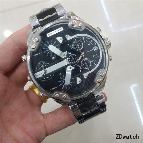 

sports quartz dz7349 men's watch double movement world time waterproof meeting 57mm large steel dial iced out watch all hands can be op, Slivery;brown