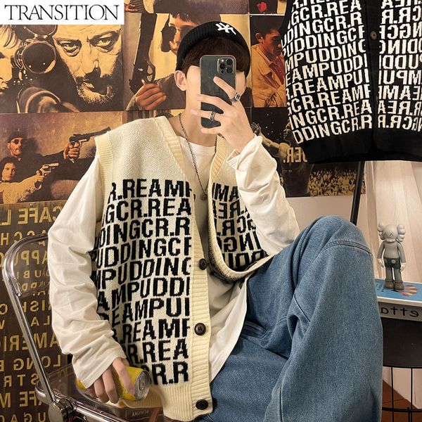 

men's sweaters men's original hong kong style letter knitted cardigan sweater vest 221114, White;black
