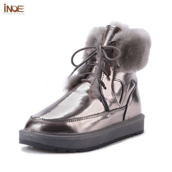 

boots inoe fashion real cow leather natural sheep wool fur lined women short ankle winter snow casual warm shoes waterproof flat 221115, Black