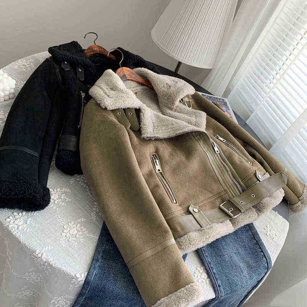 

ftlzz new winter women suede lambwool biker jackets vintage jacket sharpening casual warm loose faux leather motor outfit j220727, Black