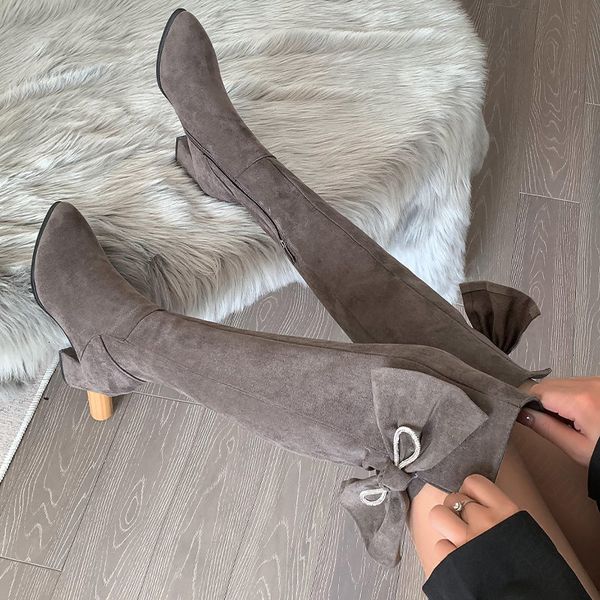

boots brand high heels chelsea women shoes winter suede bow over the knee pumps thick motorcycle botas 221115, Black