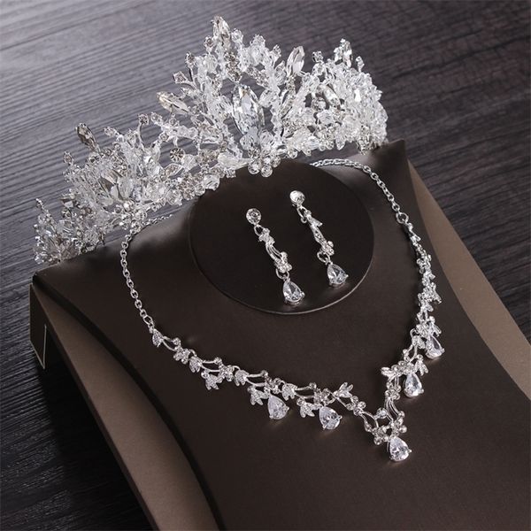 

wedding jewelry sets luxury heart crystal bridal cubic zircon crown tiaras earring choker necklace african beads 221115, Slivery;golden